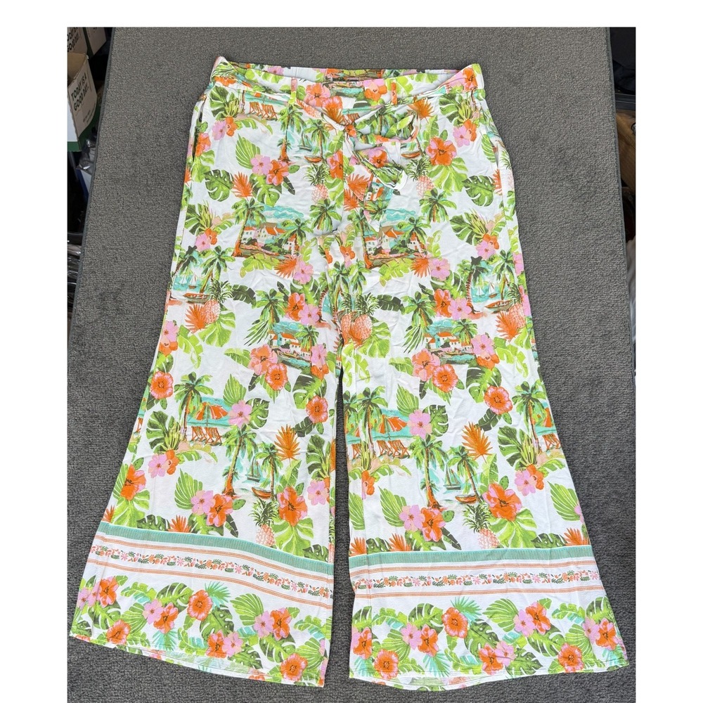 Cato Tropical Floral Wide Leg Pants XL White Green Orange Rayon Resortwear